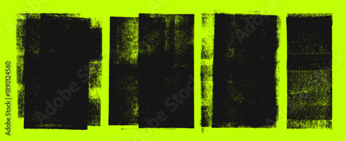 Black ink roller stamp texture set on acid yellow green background. Hand drawn grunge noise shapes, x-ray effect. Printmaking old retro texture effect. Rustic faded graphic concrete canvas.