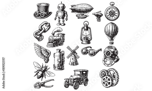 Vintage Steampunk Vector Icons: Retro Mechanical & Adventure Design Collection for Creative Projects