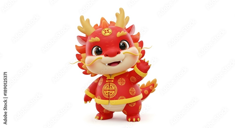 Fototapeta premium Cute 3D Chinese Dragon Mascot in Red Traditional Costume, Lunar New Year Character Isolated on White Background, Festive Asian Zodiac Illustration