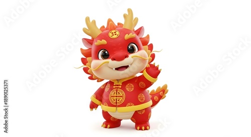 Wallpaper Mural Cute 3D Chinese Dragon Mascot in Red Traditional Costume, Lunar New Year Character Isolated on White Background, Festive Asian Zodiac Illustration Torontodigital.ca