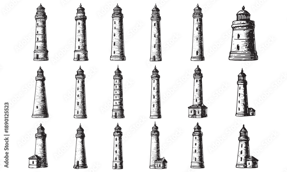 Fototapeta premium Vintage Lighthouses Vector Illustration: Monochrome Nautical Design Collection
