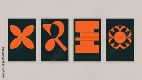 A set of four minimalist geometric posters displayed together on a wall viewed from a straight-on perspective