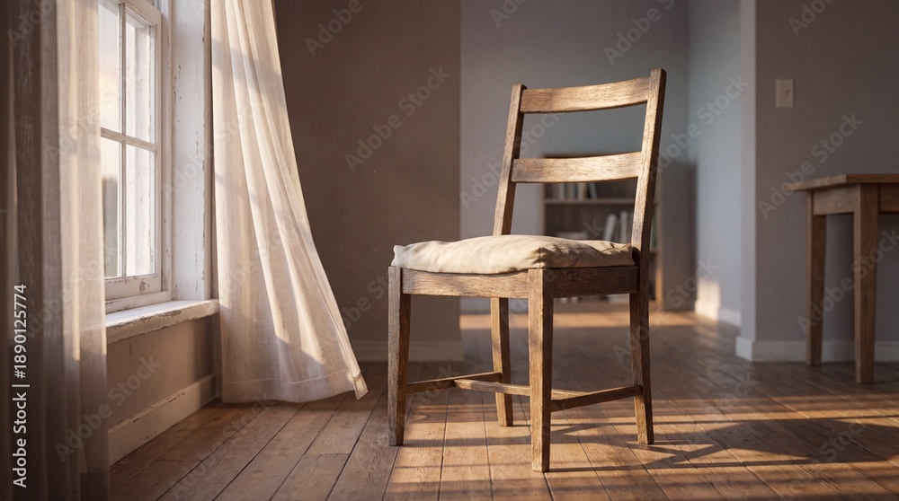 Fototapeta premium Sunlight streaming through a window onto a rustic wooden chair in an empty room