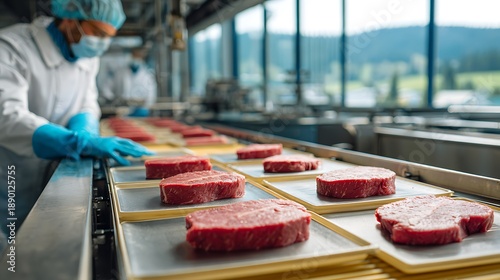 Workers in protective gear handle raw meat on an industrial conveyor belt with scenic backdrop