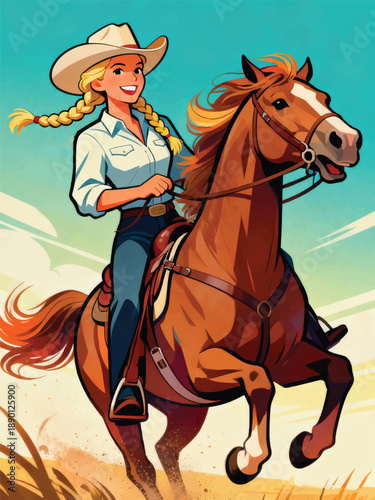 Beautiful Cowgirl Riding Horse Illustrator Artwork Design Template Poster