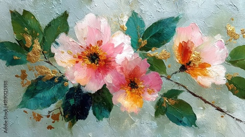 Close-up view of delicate pink flowers with golden accents on textured pale blue background