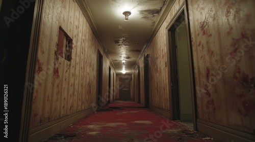 Creepy hotel hallway with bloodstains on the walls and a hole in the wallpaper