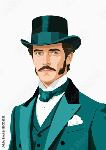 063-37-Elegant victorian man in formal wear with a top hat and sideburns