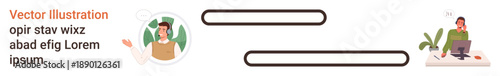 Remote work, online communication, freelancing, teamwork, digital collaboration, work-life balance. Two individuals working with minimalistic elements. Remote work and online communication concept