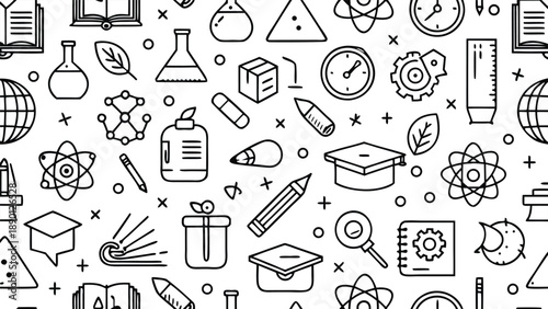 A white and black patterned image featuring various abstract items arranged in a visually striking composition..eps