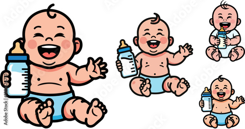 Collection of cheerful cartoon babies sitting happily while enthusiastically holding and eagerly anticipating drinking from their essential feeding milk bottles