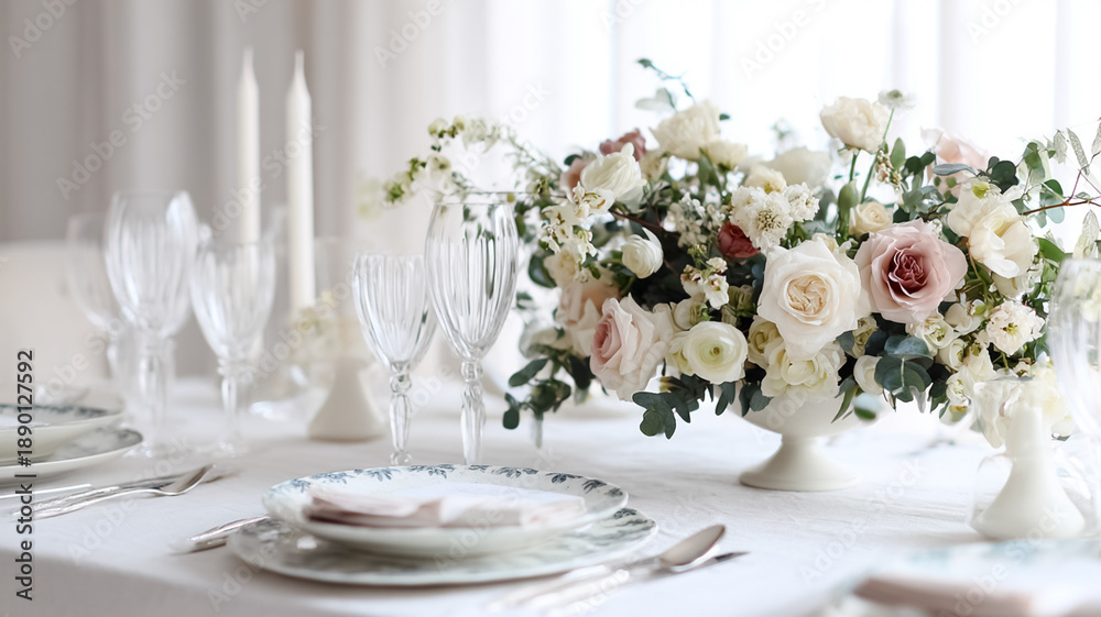 Fototapeta premium Elegant wedding table setting dinnerware and glassware with beautiful floral centerpiece for reception or special event