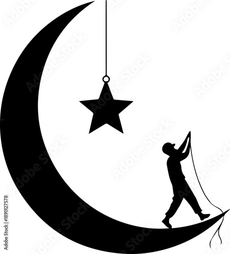 Man on Crescent Moon Reaching Star Dream Concept Vector
