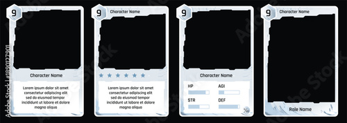 Futuristic world Themed game trading card templates with an silver scratch gradient color. Customizable vector design for TCG, and character cards. 