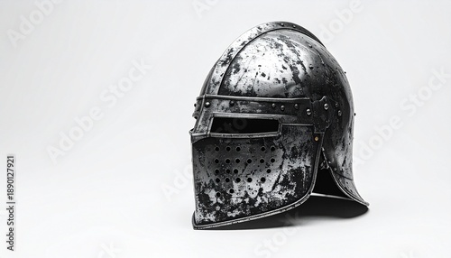Medieval great helm with flat top, vision slits, and ventilation holes, weathered and battle-worn metal surface.
