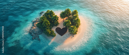 A tropical island with palm trees and a heart-shaped sandbar is ideal as a backdrop for romantic postcards or tourist presentations.