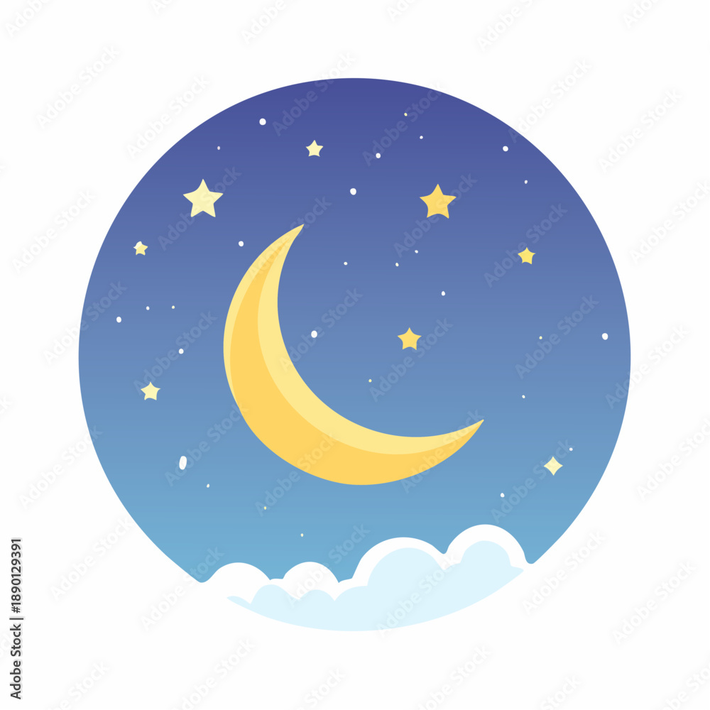 Fototapeta premium Flat vector illustration of night sky with crescent moon and stars
