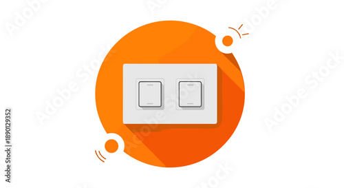 Modern light switch icon with two buttons on a white plate over a bright orange circular background with subtle long shadows and elements.