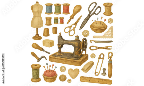 Vintage Sewing Tools Vector Illustration: Retro Craft Design Collection for Creative Projects