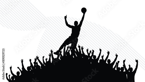 Silhouette of Basketball Player Jumping High Over Cheering Crowd of Fans for Sports Victory Championship Competition and Leadership Success Concept on White Background