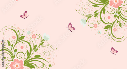 Elegant pink background featuring delicate floral scrollwork in the corners with flying butterflies and soft pastel flower petals and dots.