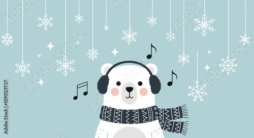 Cute white polar bear wearing winter earmuffs and a patterned scarf listening to music among falling snowflakes on a blue background.