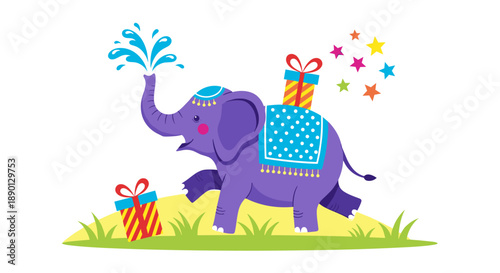 Playful purple elephant wearing a decorative blanket and carrying a gift box while spraying water from its trunk on a grassy hill at night.