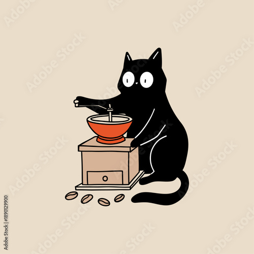 Black Cat With Coffee Grinder, Cute Minimal Hand Drawn Flat Vector