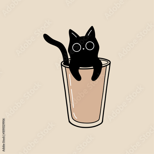 Cute Black Cat In Tall Glass, Minimal Hand Drawn Flat Vector, Beige Background