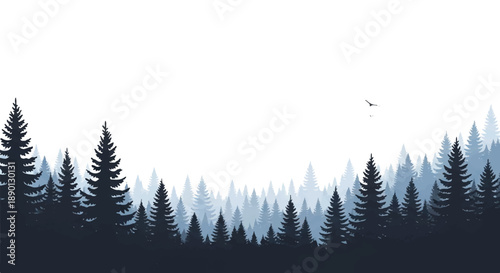 Silhouetted forest landscape with trees and a soaring bird in a serene environment viewed from a distance