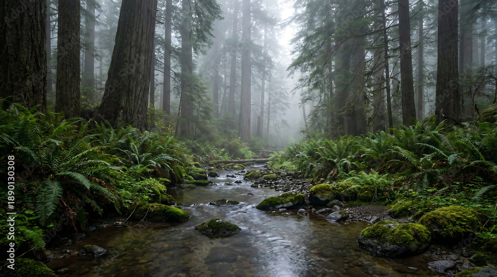 Fototapeta premium Misty Redwood Forest with Serene Mountain Stream and Lush Ferns