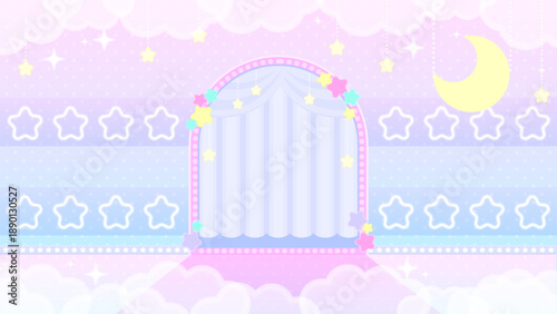 ファンタジーな夜空のカーテンステージ、星空と雲のキラキラ背景