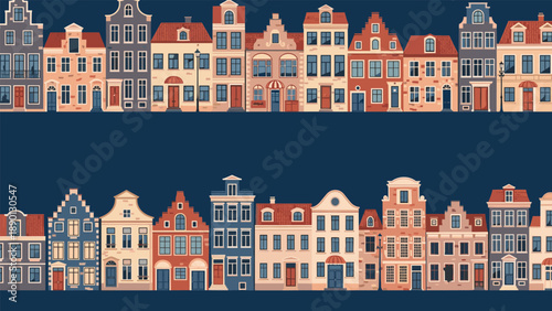 Colorful European style buildings in two rows on a dark blue background for travel real estate and neighborhood themes.