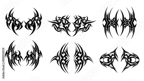 Collection of six black tribal wing crest tattoo designs with symmetrical sharp black lines on a clean white background.