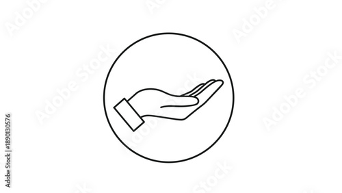 Simple line icon of an open hand inside a circle for charity care and support concepts in minimalist graphic design style.