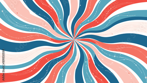 Retro wavy swirl sunburst pattern with red white and blue lines for Fourth of July and patriotic independence day events.