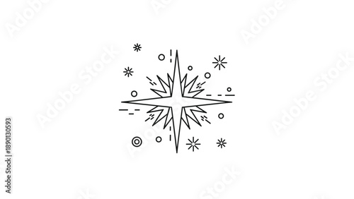 Minimalist black and white line art illustration of a glowing north star or bright sparkler with decorative dots and lines.