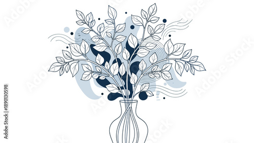 Elegant blue and white botanical illustration of a leafy plant in a minimalist vase with abstract flowing shapes in the background.