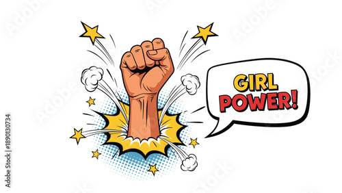 Empowering comic book style illustration featuring a strong raised fist and a speech bubble with the text girl power and colorful stars.