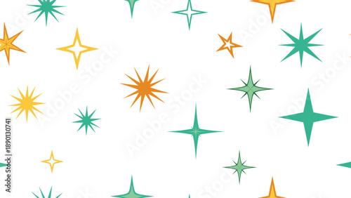 Playful seamless pattern of colorful retro four point and multi point stars in teal orange and yellow on a white background for fun designs.