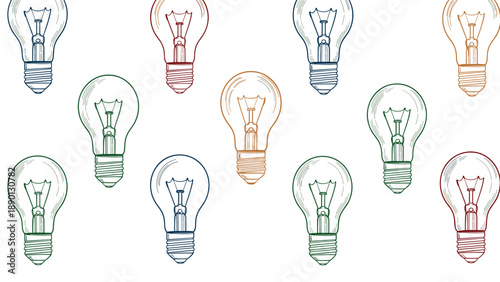 Creative seamless pattern featuring hand drawn incandescent light bulbs in various colors like teal red and green on a white background.