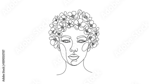 Beautiful woman portrait in a continuous line art style with her hair replaced by a lush crown of delicate blooming flowers.