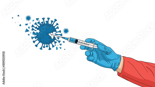 Medical professional in a blue glove and red sleeve injecting a vaccine into a coronavirus which is shattering into small pieces.
