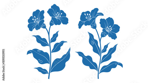 Simple blue silhouettes of two flowering plants with multiple blooms and leaves on a white background for a clean botanical design.