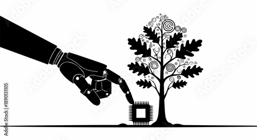 Robotic hand activating a digital tree, symbolizing future growth and technology