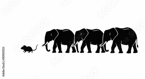 Tiny mouse bravely leads a procession of elephants against a stark white background.