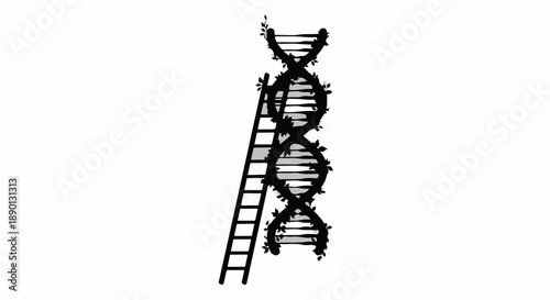 Ladder ascending a DNA helix, symbolizing scientific discovery and genetic advancement.