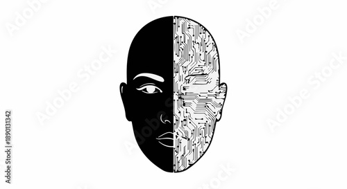 Human face split between organic darkness and digital circuitry, symbolizing AI and technology.