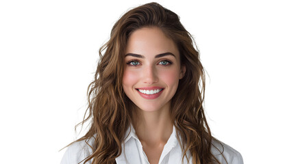 Smiling young woman with long brown hair isolated on transparent background looking happy and confident
