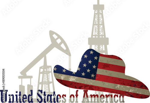 Cowboy hat and American flag. Oil rigs and pumps.